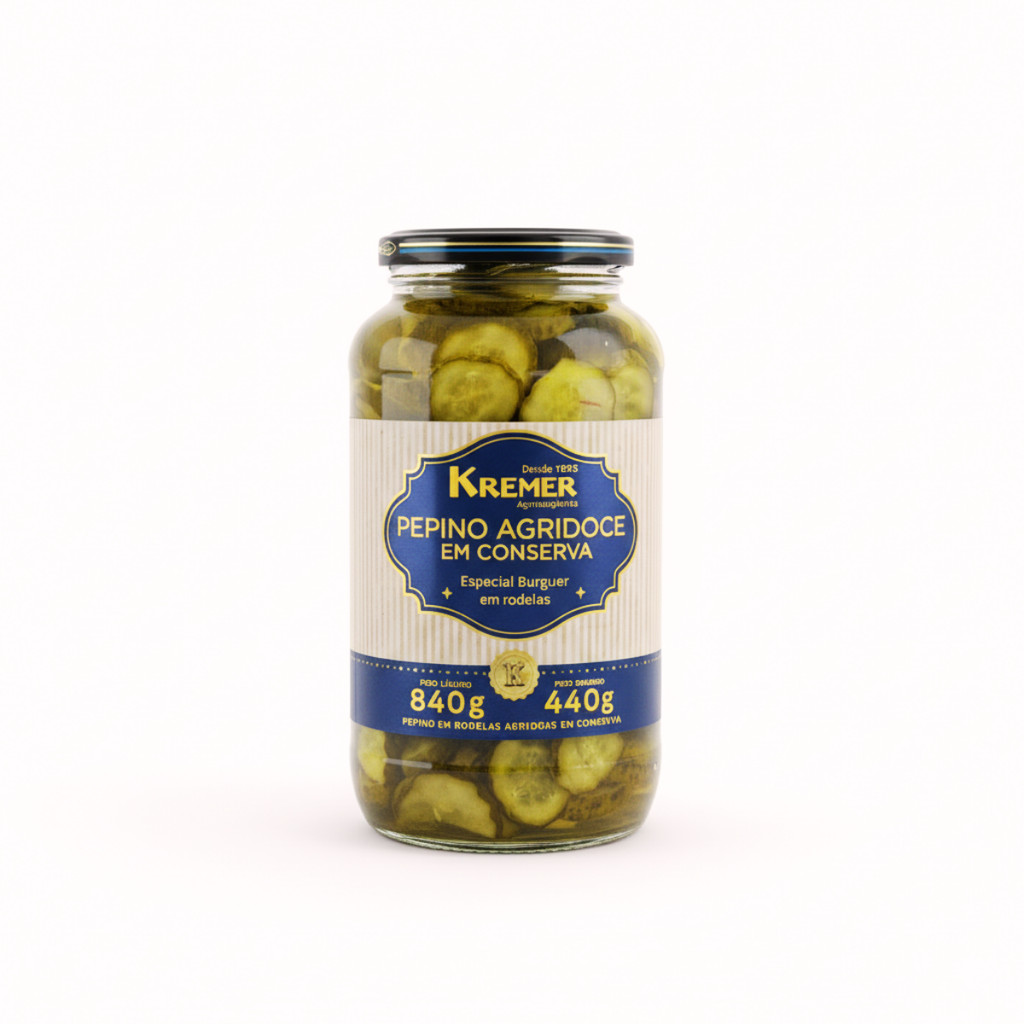Pepino Agridoce Conserva Hambúrguer Kremer Rodela 840g Fatiado Gourmet Churrasco Pizzaria Lanchonete