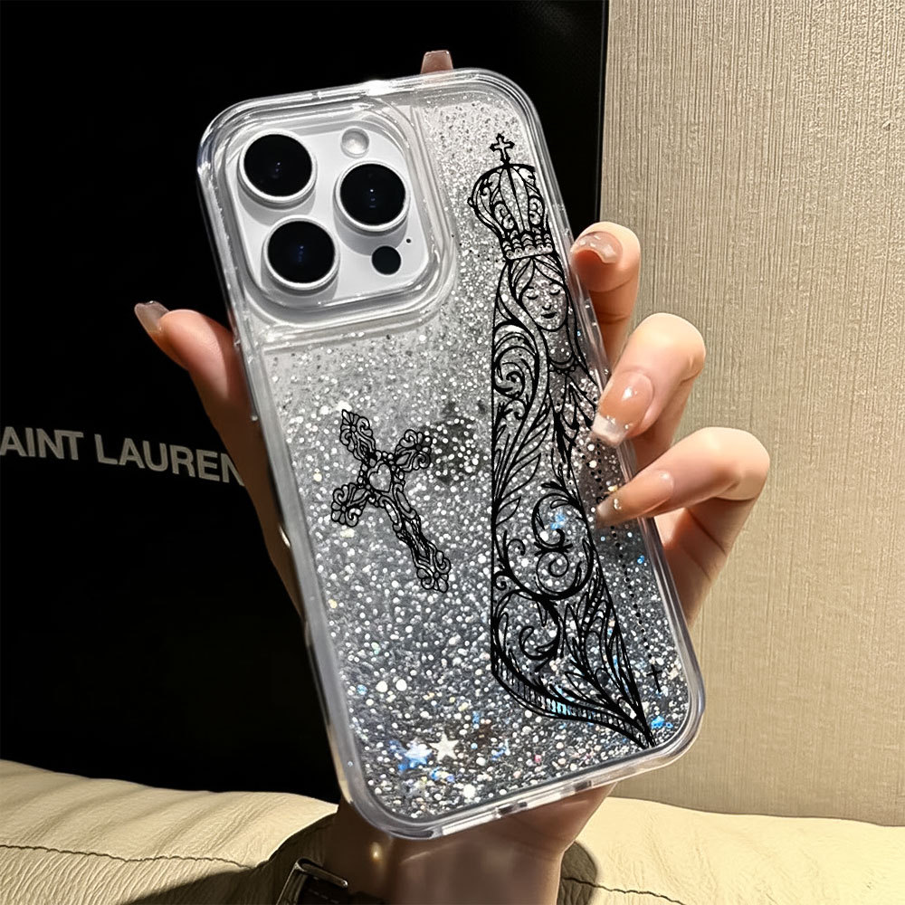 Capinha Líquido Glitter Lantejoulas Nossa Senhora Capa Para iPhone XR XS 11 12 13 14 Plus 15 16 17 Ar Pro Max Anti-fall