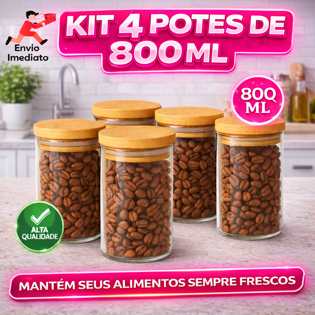 Kit 4 Potes Herméticos 800ml de Vidro com Tampa de Bambu