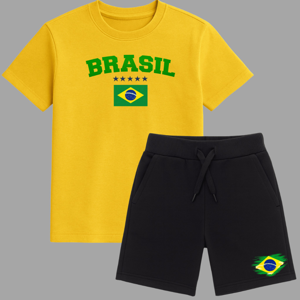 Kit Conjunto 2 Peças Camiseta Algodão + Short Moletom Brasil Torcida Copa do Mundo Futebol Bermuda e Camisa 100% ALGODÃO