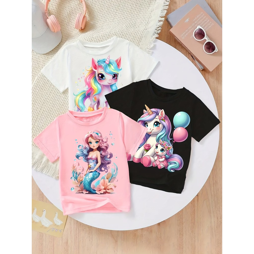 kit Conjunto 3 Camiseta Infantil Meninas  T-shirts Estampado de Desenhos Animados Unicórnio