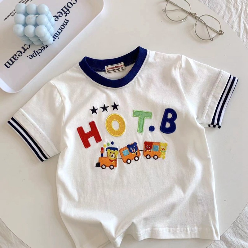 Meninos camiseta de manga curta verão novo estilo trem infantil bordado meia manga topo bebê japonês camiseta de manga c