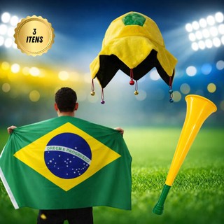 Kit Fiel Torcedor Estádio Vuvuzela Bandeira Capa Chapeu Bola