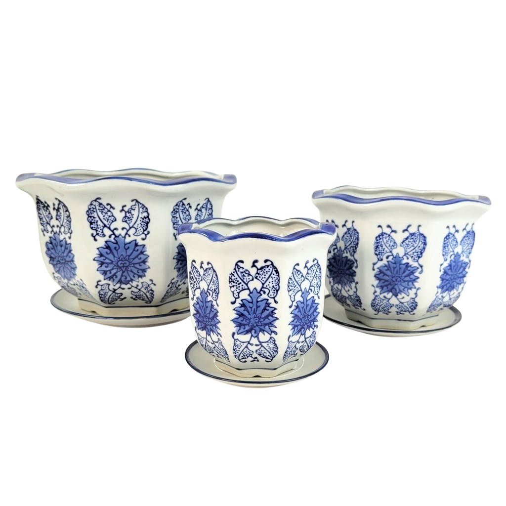 Vaso Decorativo Cachepot Azul E Branco Porcelana 3pç Yantai