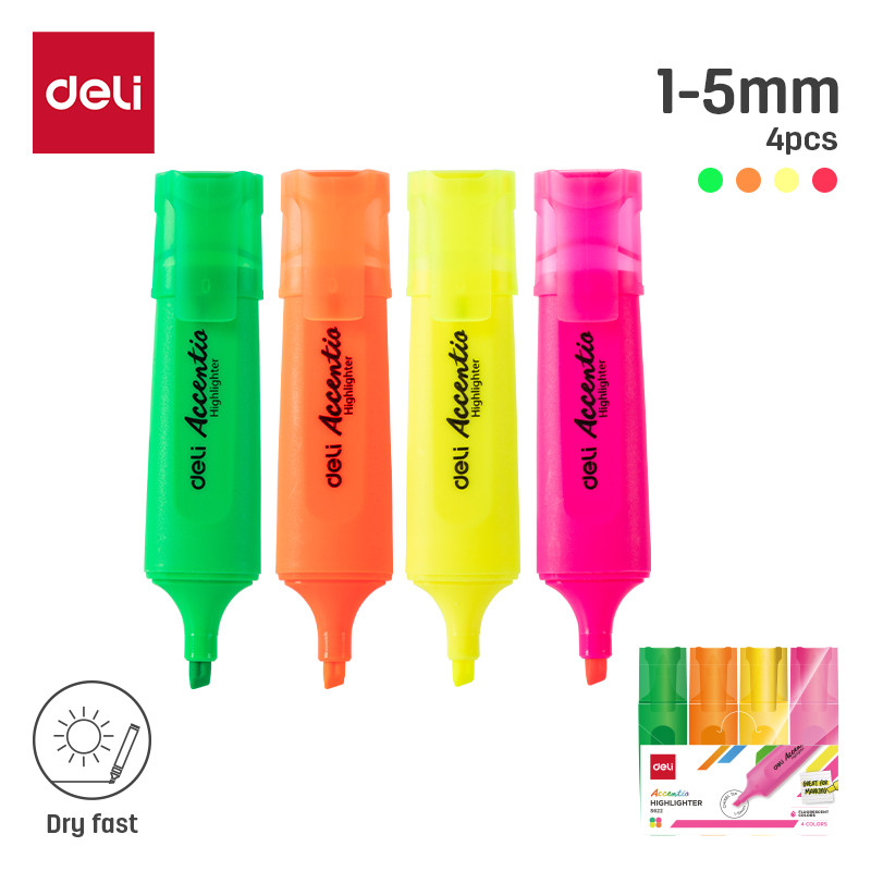 Kit com 4 Canetas Marca-Texto Deli Cores Fluorescentes Ponta Chanfrada 1-5mm
