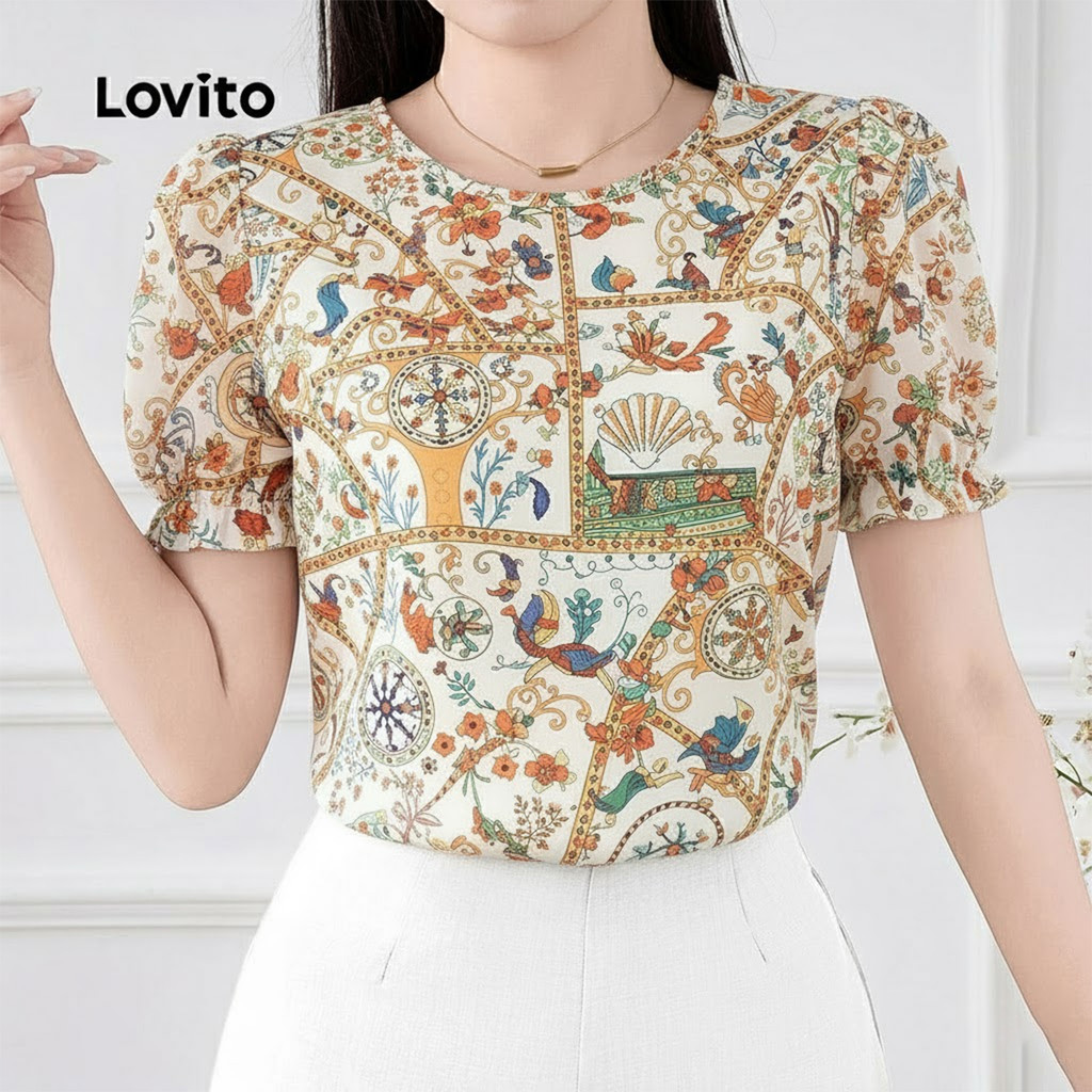 Lovito Blusa Vintage com Borda de Alface Blusa Primavera/verão para Mulheres L164ED222