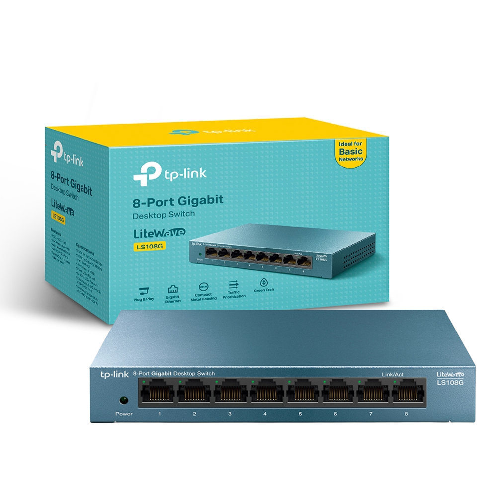 Switch TP-Link LS108G Gigabit 8 Portas 10/100/1000 Mbps Mesa Case Metal LiteWave Plug & Play Não Gerenciável