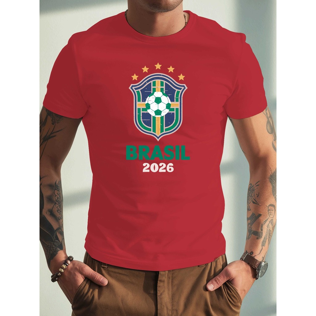 Camiseta Masculina Brasil 2026 com Estampa da Bandeira e Logo do Time de Futebol - Tecido Respirável, Manga Curta