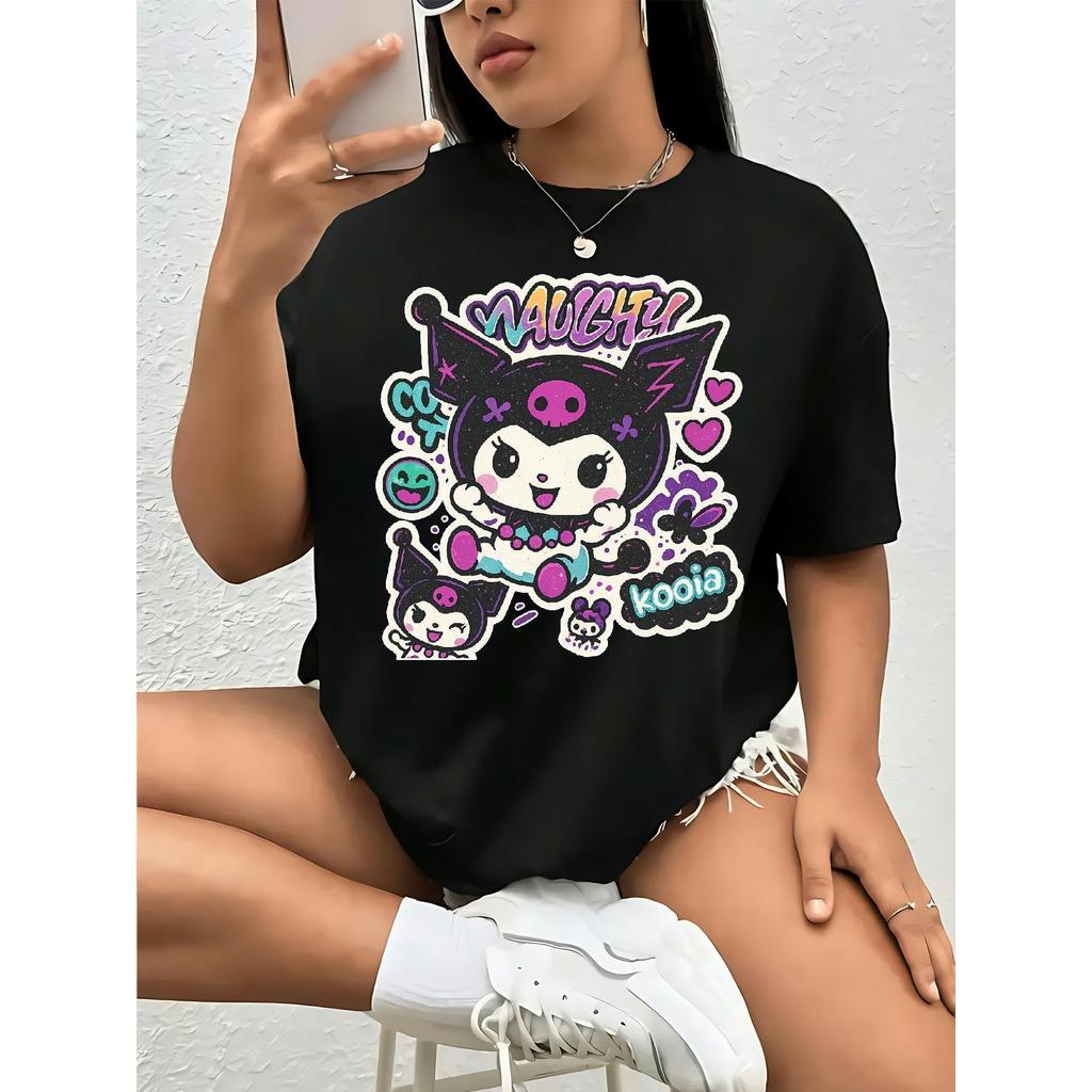 BR.Moonlight Camiseta Feminina Plus Size Sanrio Kuromi Design Brincalhão Confortável Fofa Divertida Primavera Verão