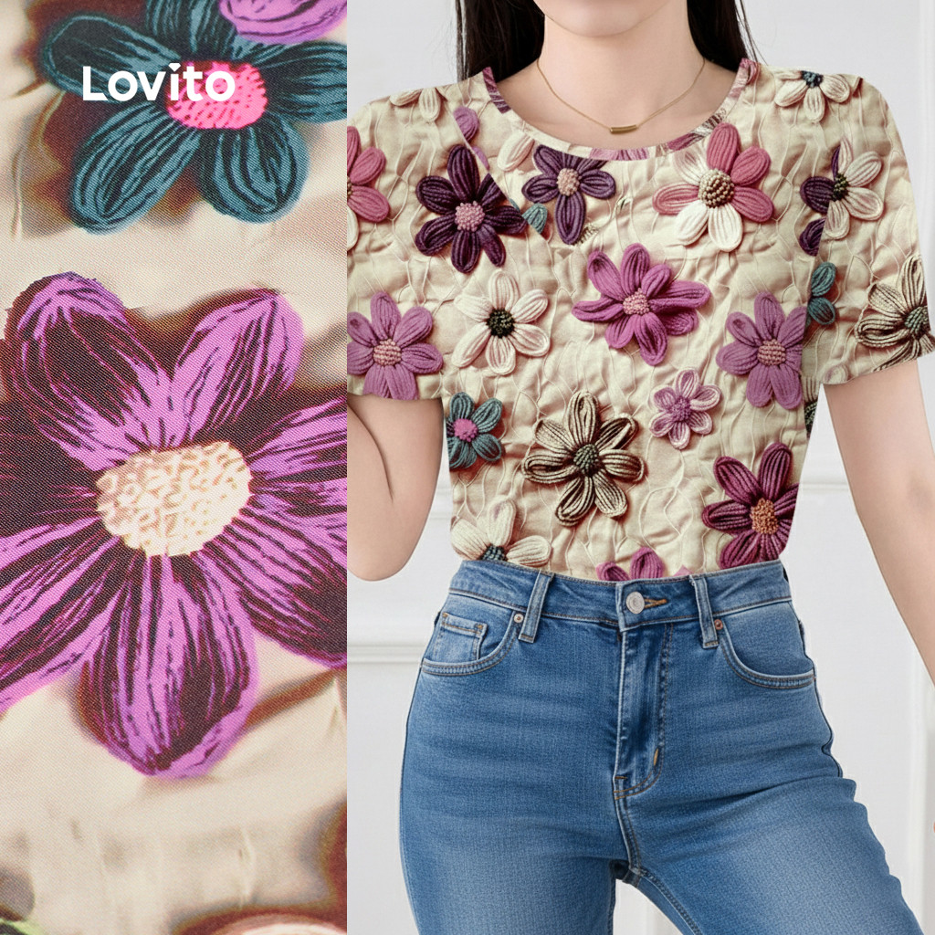 Lovito Blusa Elegante Flores Blusa Primavera/verão para Mulheres L164LD204