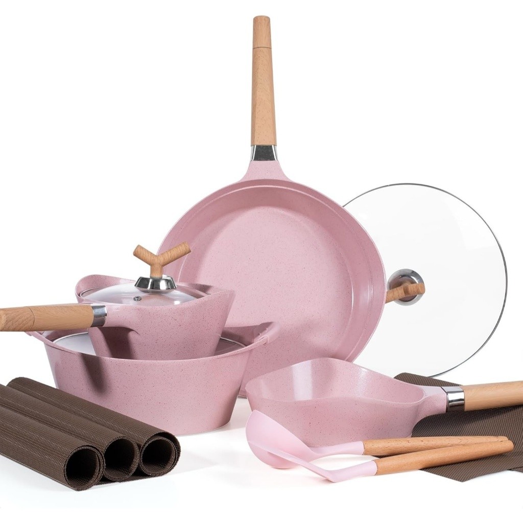 Conjunto de 14 peças de fogão a gás/fogão de indução Conjunto de panelas adequado, panela antiaderente de granito com re