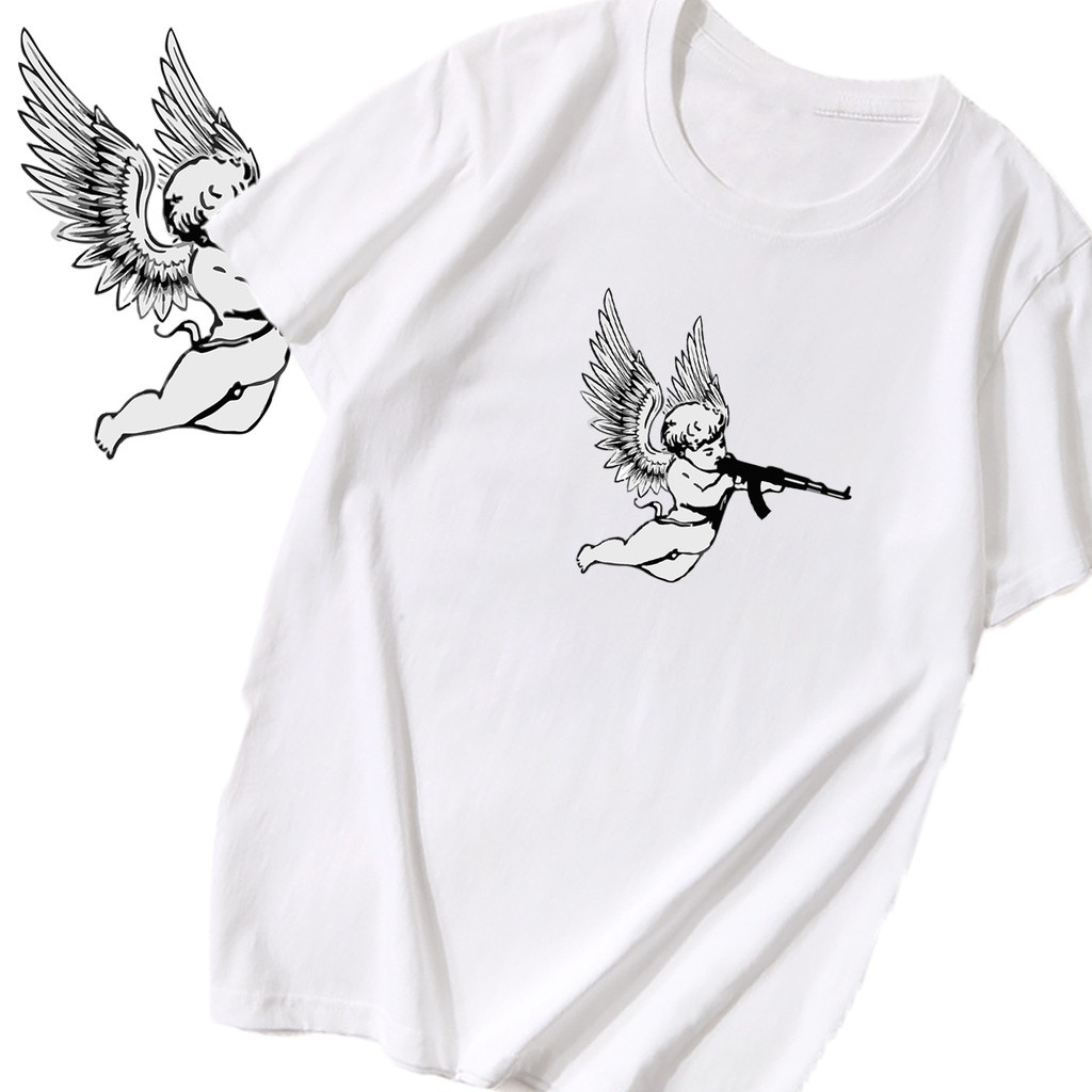 [Camiseta Premium em Algodão Puro]CC Camiseta masculina Branca Anjo Hiphop Rap Swag camiseta estampada em tecido de Poli