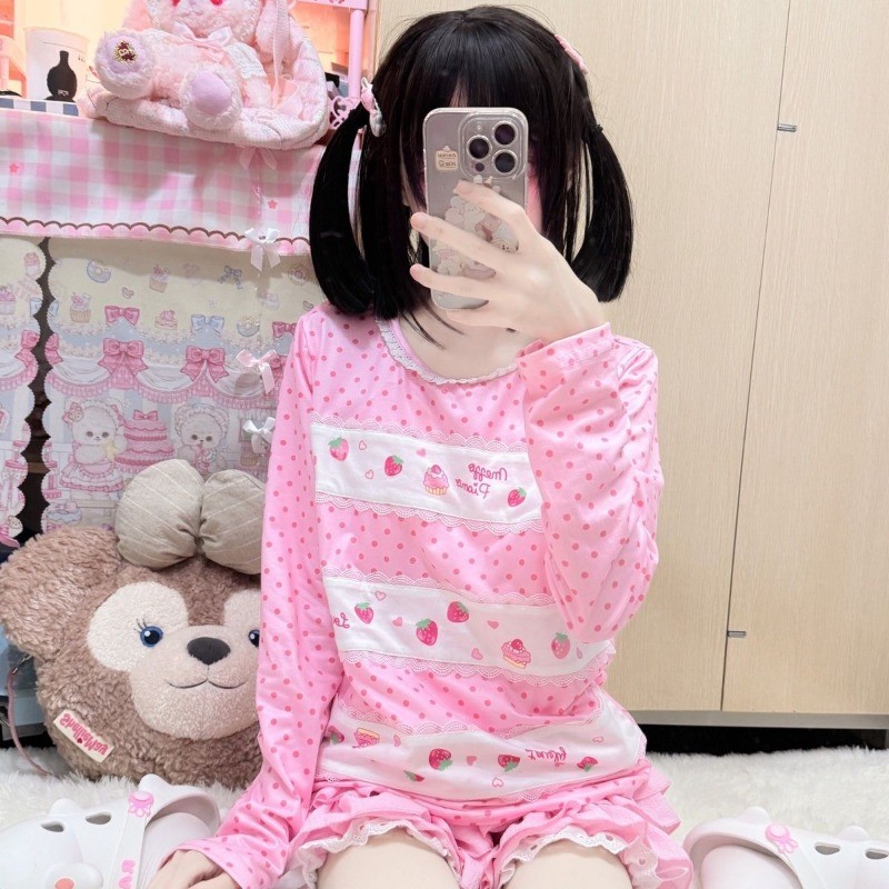 Outono Réplica MP Filha Bonito Doce Renda Em Torno Do Pescoço Manga Comprida Camiseta Para Mulher