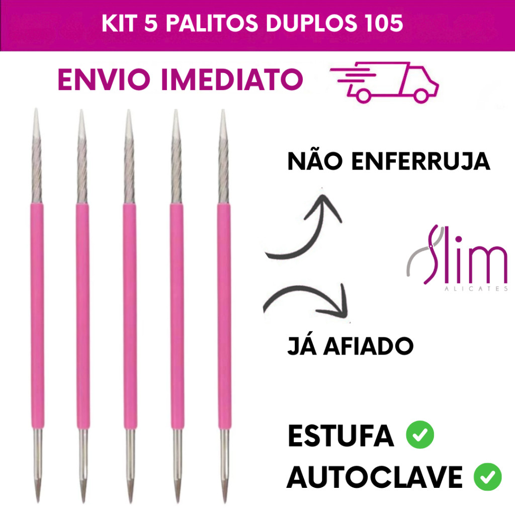Kit com 5 Palitos 105 Slim Rosa Inox – Ideal para Cutículas e Unhas