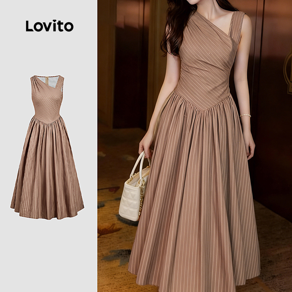 Lovito Vestido Elegante Assimétrico Primavera/verão Marrom para Mulheres L164LD247 em Oferta na Shopee
