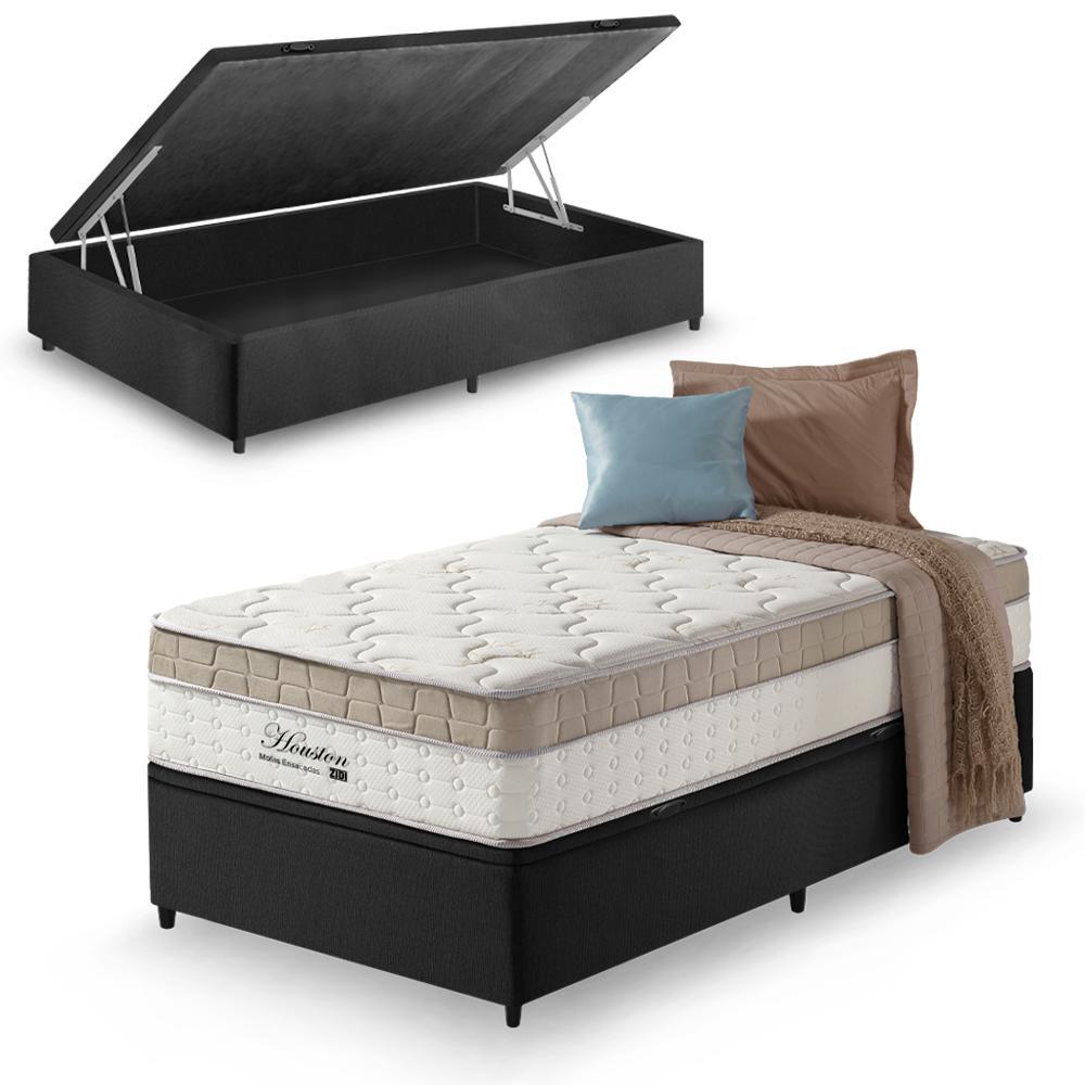 Cama Box Baú Solteiro King Preto + Colchão Molas Ensacadas Pillow In Zidi Houston 96x203x70cm