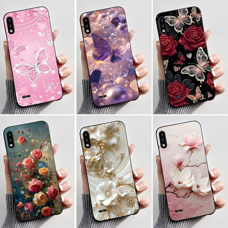 Para LG K22 Caso LM-K200 LMK200B Luxo Moda Borboleta Flor Pintado Caixa Do Telefone Preto Geléia Silicone Capa Macia