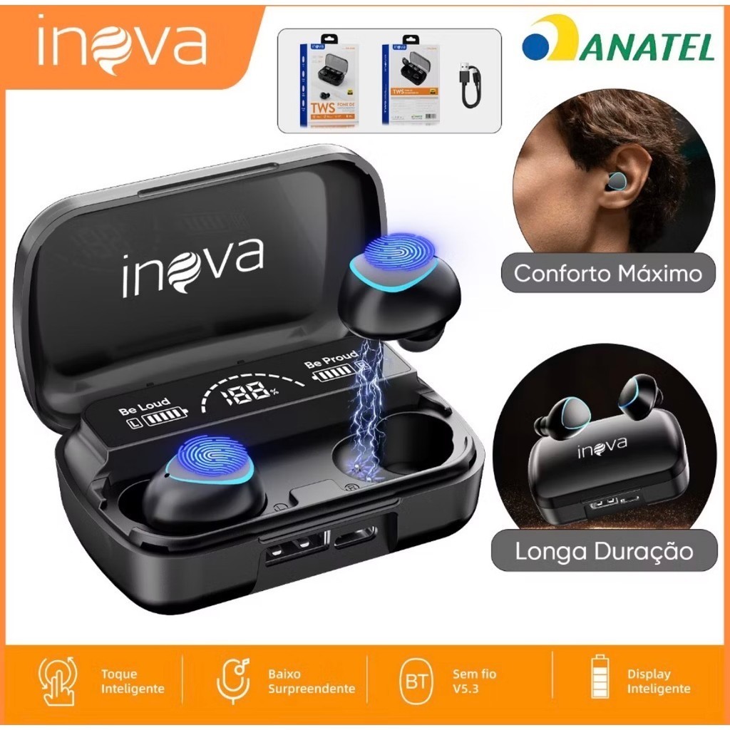 Fone  Bluetooth sem fio TWS 5.3 Cancelamento Ruído Bateria 36H Driver 14.2mm