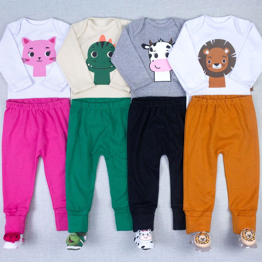 Conjunto: Body Manga Longa + Calça Pé Reversível + Pantufa 3D Bichinhos  (Bebês)