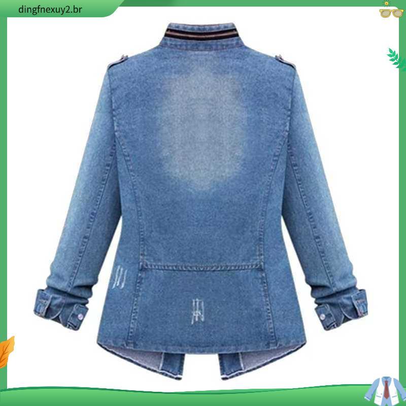 5XL Plus Size Feminino Manga Longa Jaqueta Jeans Primavera E Outono Casual Sólido Fino Bolso Casaco