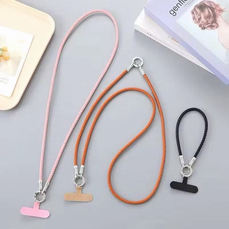 Alça Transversal para Celular 3 em 1 Premium Cordão Couro PU Trançado com Suporte Universal Anti-Queda pulso e pescoço