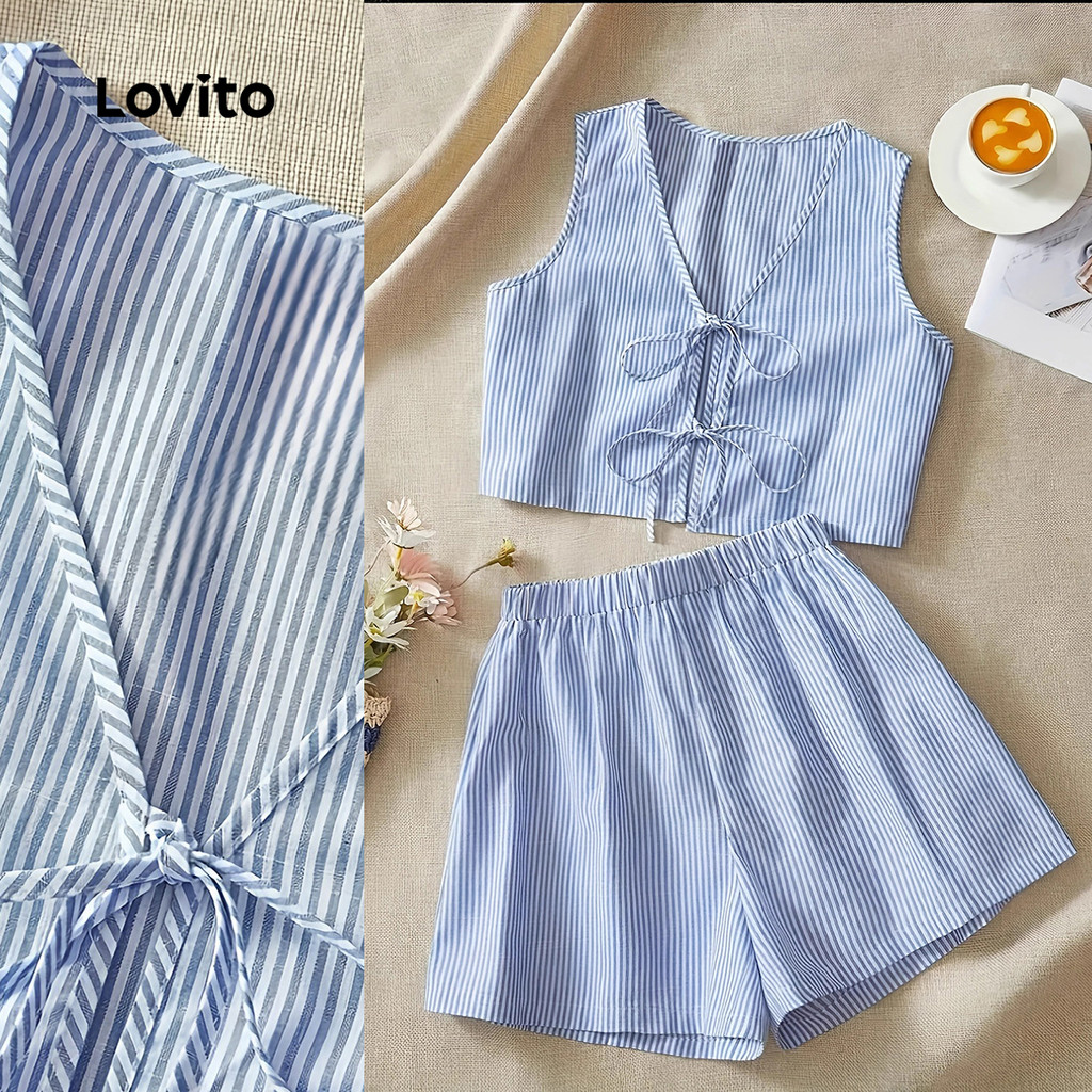 Lovito Conjuntos Casuais de Shorts 2 Padrão Conjuntos de Shorts Azuis de Primavera/verão para Mulheres LNE141X044 em Oferta na Shopee