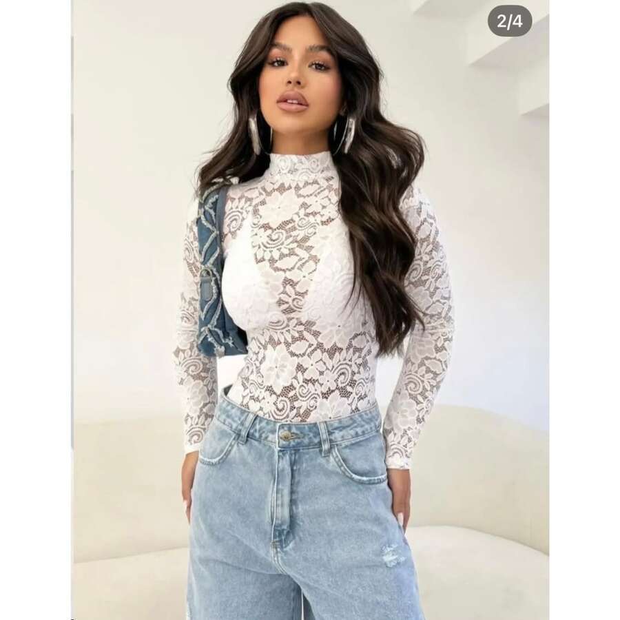 Body De Renda Floral Manga Longa Elegante