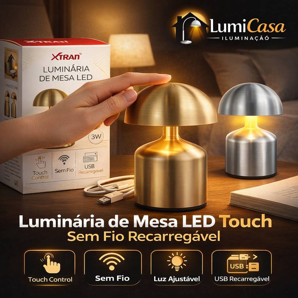 Luminária de Mesa LED Touch Sem Fio Recarregável Abajur Moderno Luz Ajustável Quarto Cabeceira