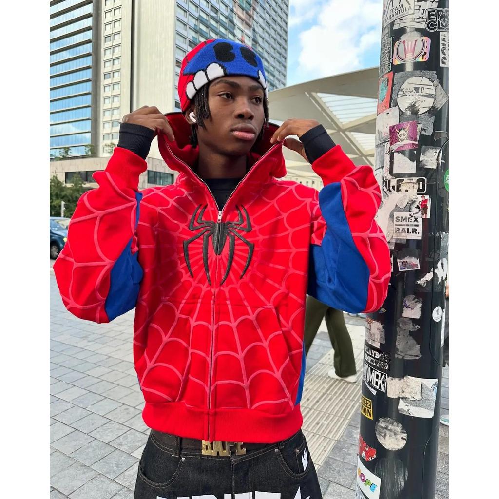América Classics Red Spider Print Cardigan Com Capuz Full Zip Up Solto Homens Hip Hop Jaqueta Y2k Street Moletom
