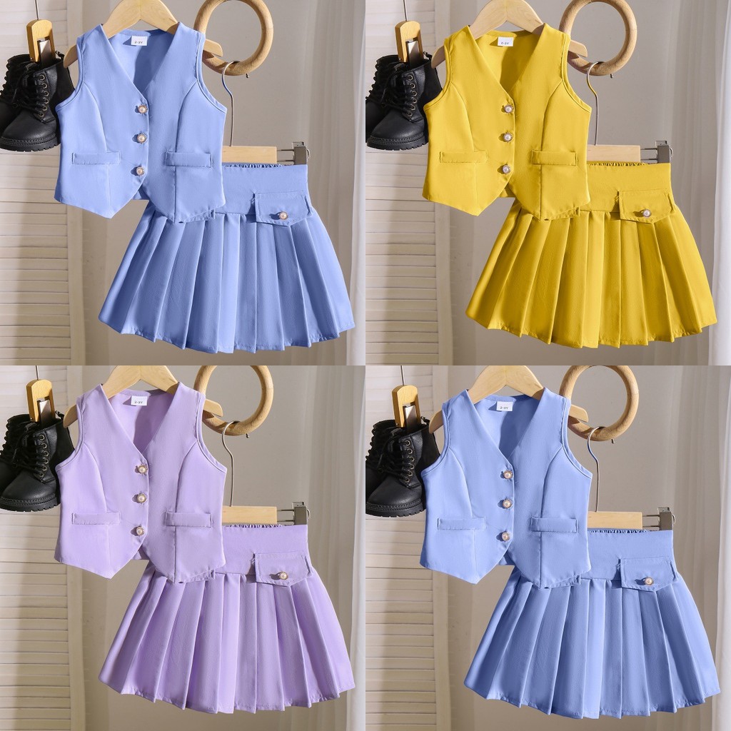 Roupas infantis Roupas infantis Roupas para meninas Colete multicolorido + saia curta Terno de duas peças