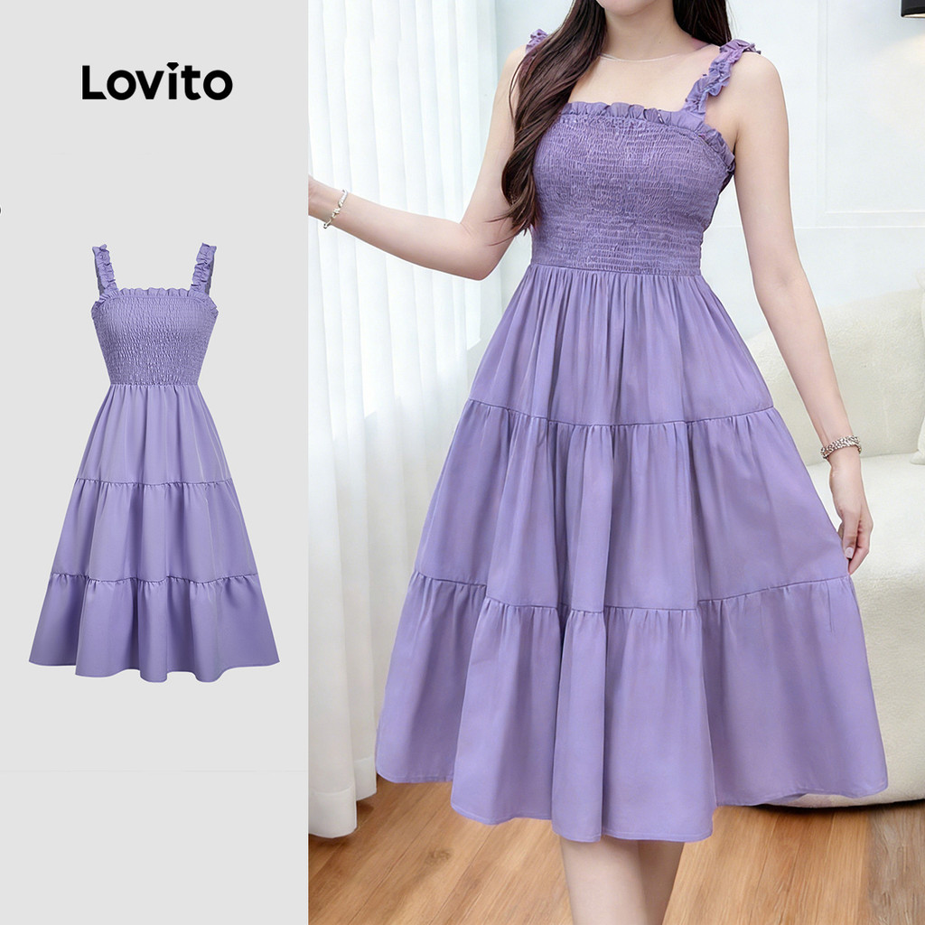 Lovito Vestido Boho com Camadas e Pregas para Primavera/verão em Roxo para Mulhe