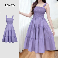 Lovito Vestido Boho com Camadas e Pregas para Primavera/verão em Roxo para Mulheres LBL34075