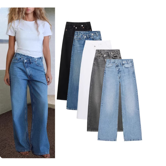 ZA Outono Novo Produto Calça Jeans Feminina Cintura Alta Perna Larga 4365232