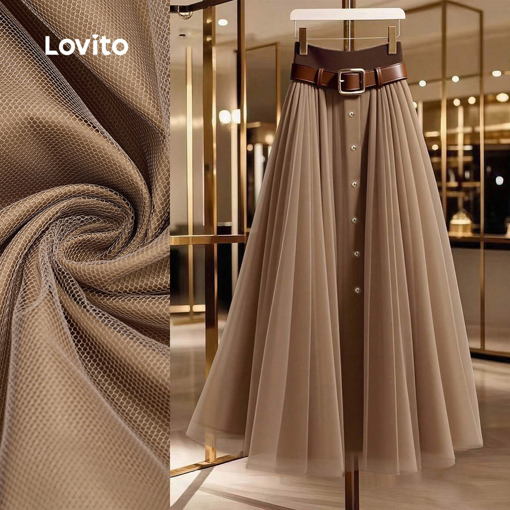 Lovito Saias Elegantes Botão Franzida Primavera/verão Saias Cáqui para Mulheres LBL31270 em Oferta na Shopee