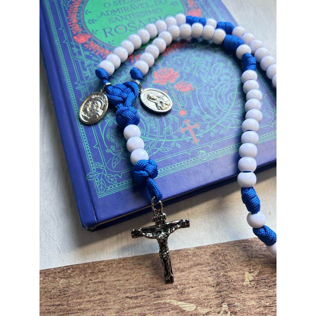 Terço de Paracord 550 Azul Medalha de São Padre Pio e Nossa Senhora de Guadalupe