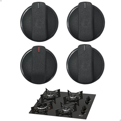 KIT 4 BOTÕES MANIPULADOR PARA COOKTOP FISCHER FIT LINE 26299 26342 (PRETO) - ENCAIXE VERTICAL