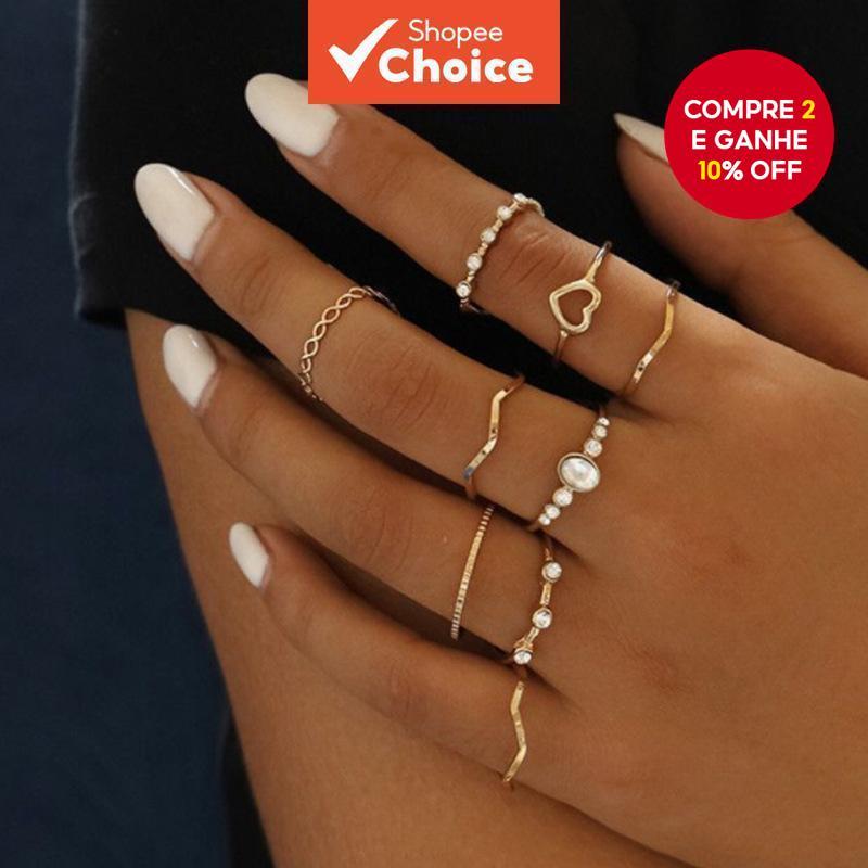 Conjunto De Anel De Coração Oco Minimalista Moderno 9 Peças Estilo Onda Geométrica Para Mulheres