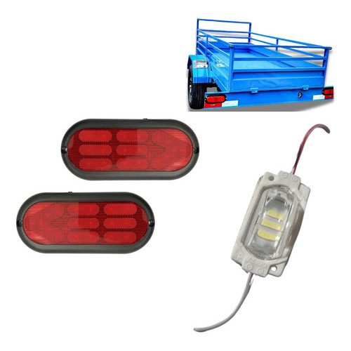 Kit Lanterna Leds + Luz Placa Carretinha Universal  Cristal Ambos Lados Vermelho, Reboque, Utilitários,