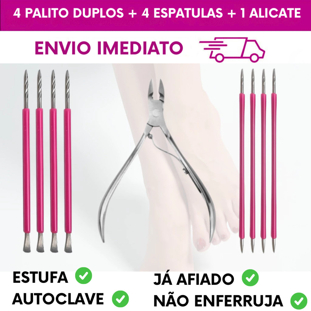 Kit 04 Palitos Duplo + 04 Espátulas Bastão Mista + 01 Alicate Slim Aço Inox - Manicure Podologia