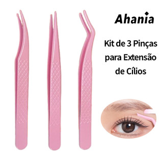Kit de 3 Pinças Rosas para Extensão de Cílios com Textura Antiderrapante Pontas Fromado Bico de Pato/Fina/Meia Curvada