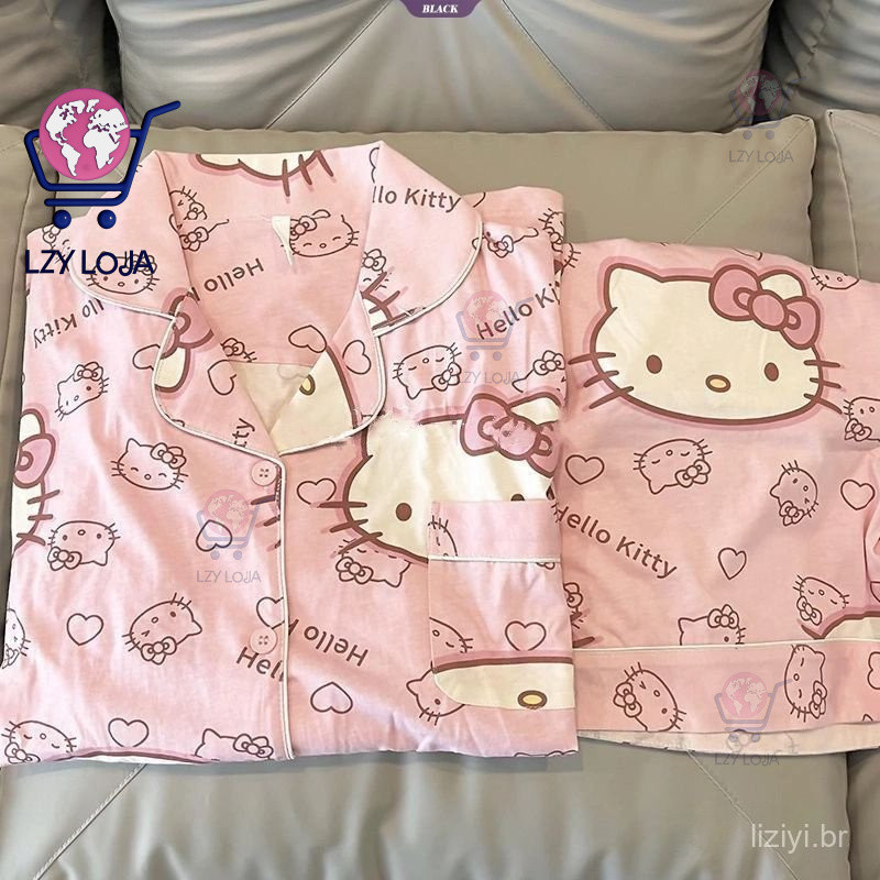 HelloKitty Sanrio Bonito Impressão Pijama Feminino Manga Curta Estudante Nova Mulher Kawaii Conjunto Outfit Causal Casa em Oferta na Shopee