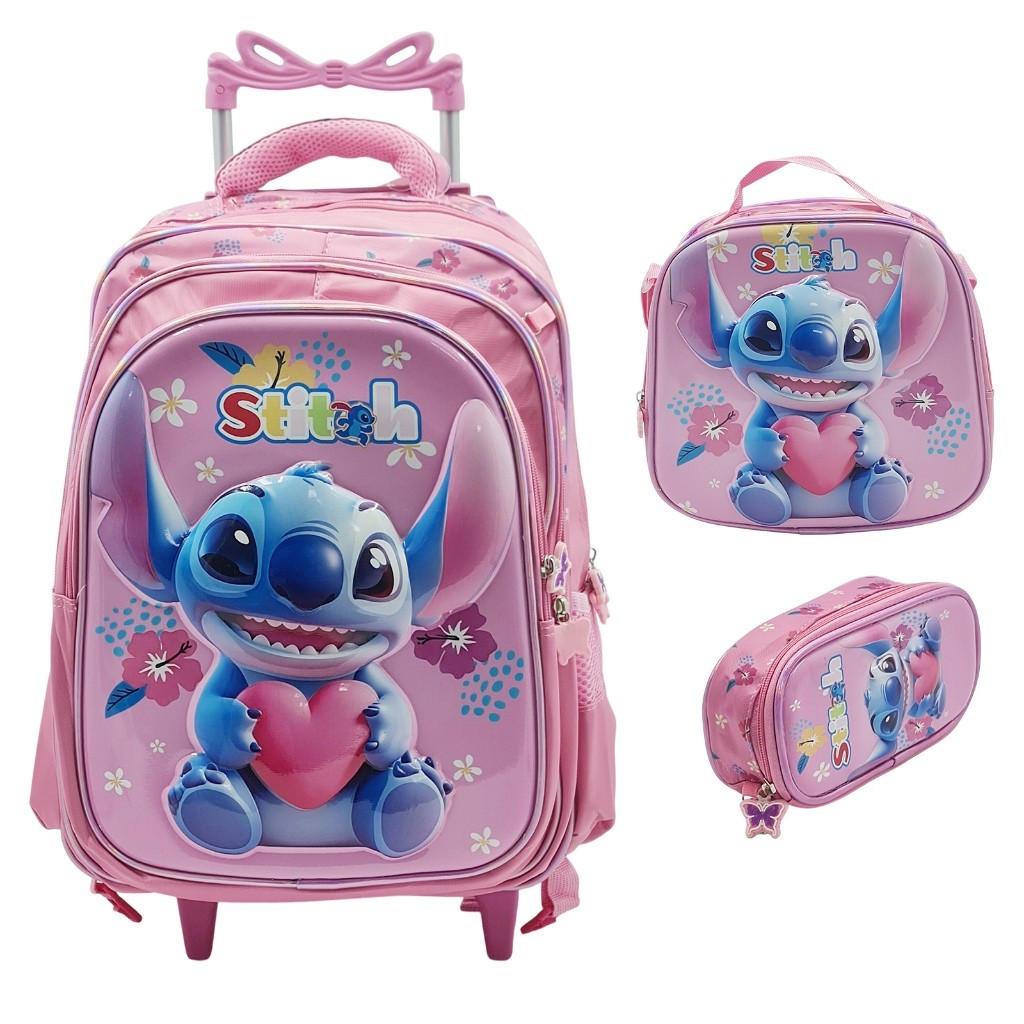 Mochila Escolar Infantil Carrinho Kit Com Estojo Lancheira Térmica Impermeável Rodinhas 3 Peças - Stitch