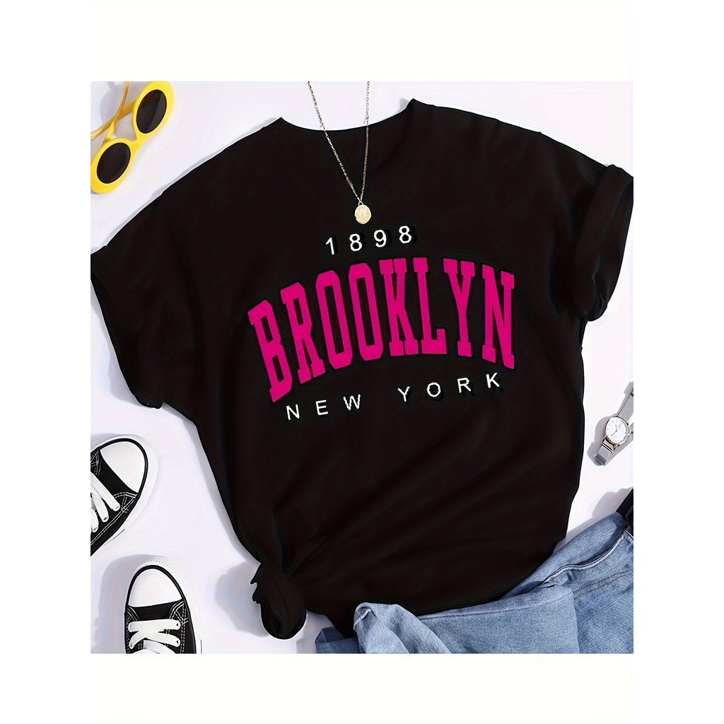 Camiseta Brooklyn New York Letter Pink Branca Loose Macia Poliéster Versátil Confortável Estilosa Verão