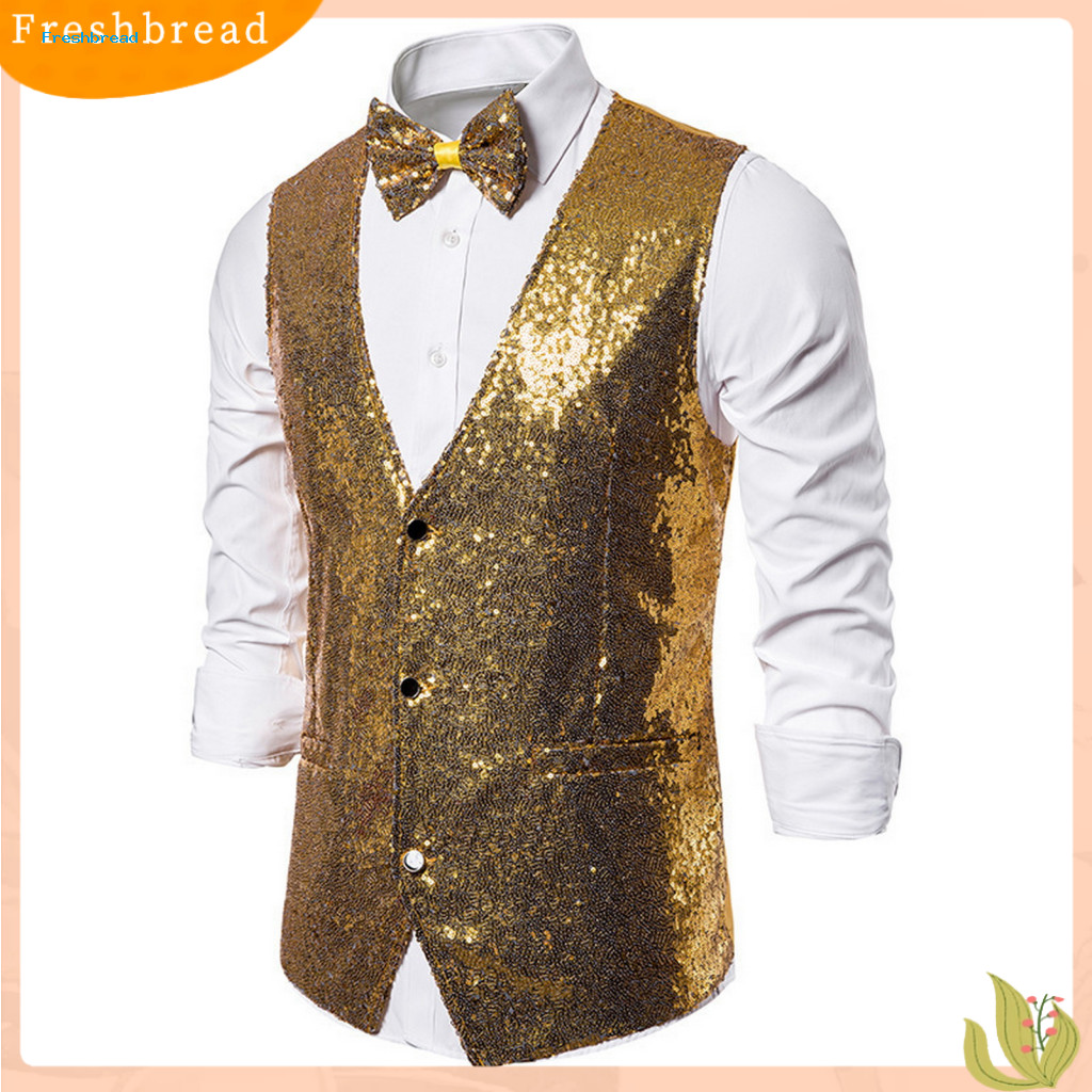 Elegant Solid Color Men Vest Polyester Suit Men's Sequin Bow Tie Set Slim Fit Sleeveless Waistcoat Single-breasted V-nec