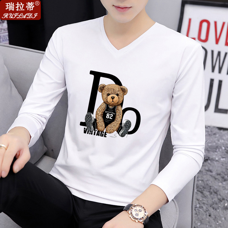 Camiseta masculina de manga comprida de algodão puro, Slim Fit, decote em v, desenho animado, urso, primavera, outono, m