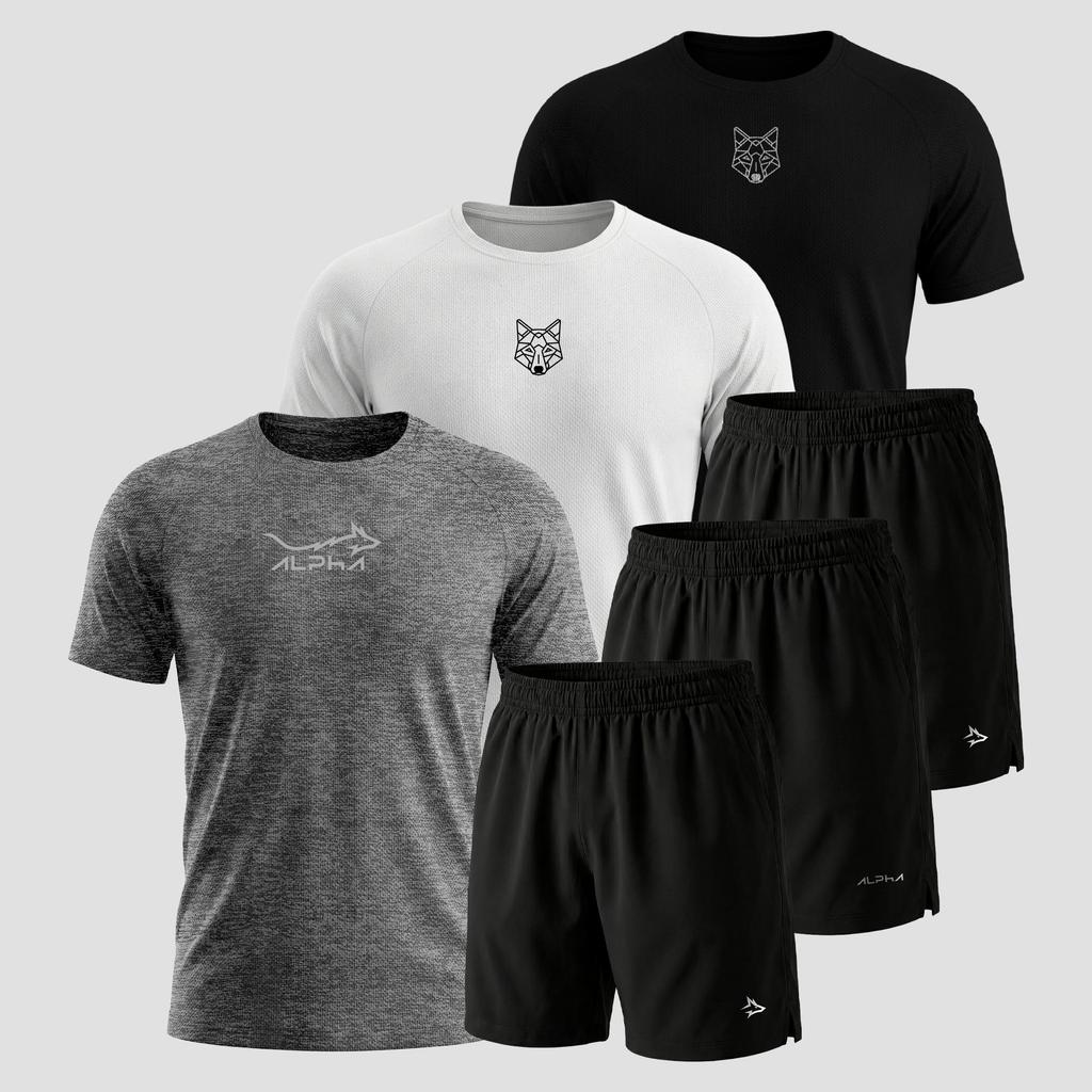 Kit 6 Peças Dry 3 Camisetas e 3 Bermudas Alpha Co