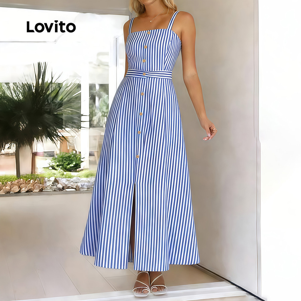 (Lovito x Ana) Vestido Boho com Botões Na Frente e Zíper Azul Primavera/verão para Mulheres L34LD091 · foto 2