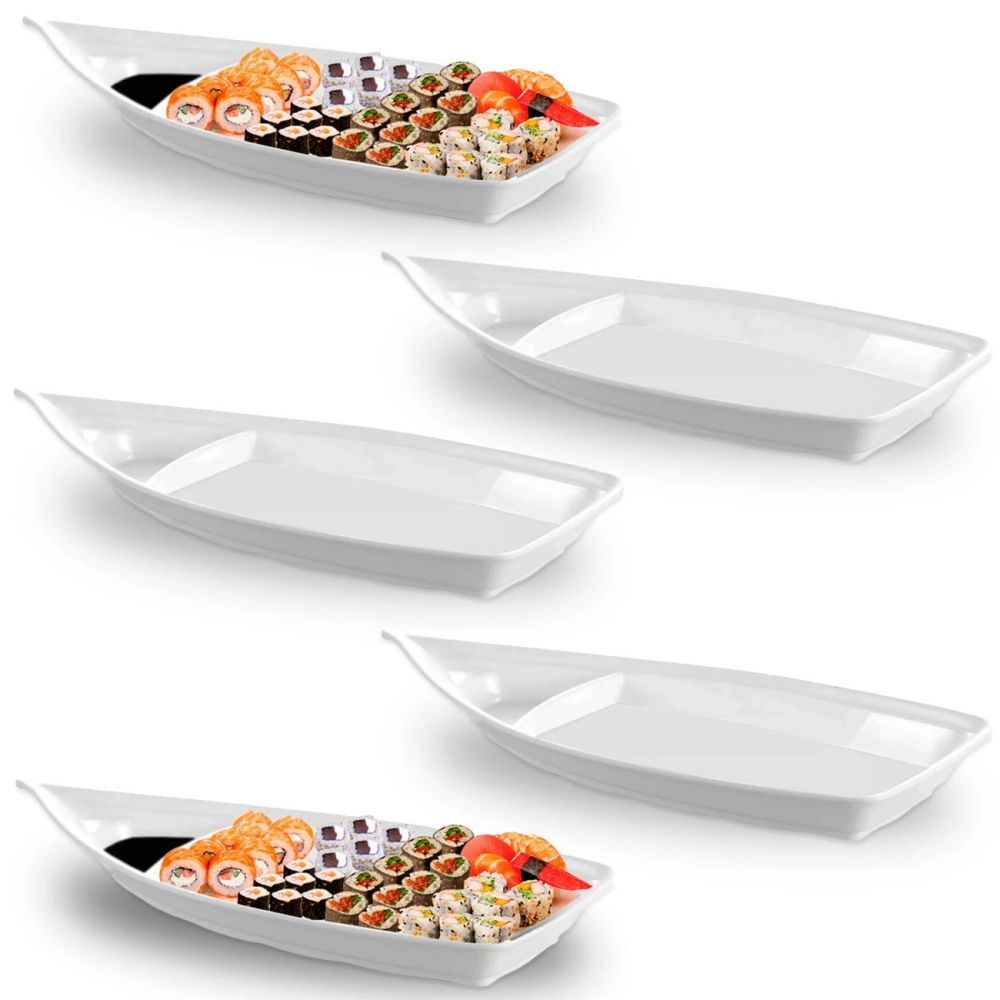 Conjunto com 5 Barcas 58cm em Melamina Branca para Sushi, Açaí e Comida Japonesa