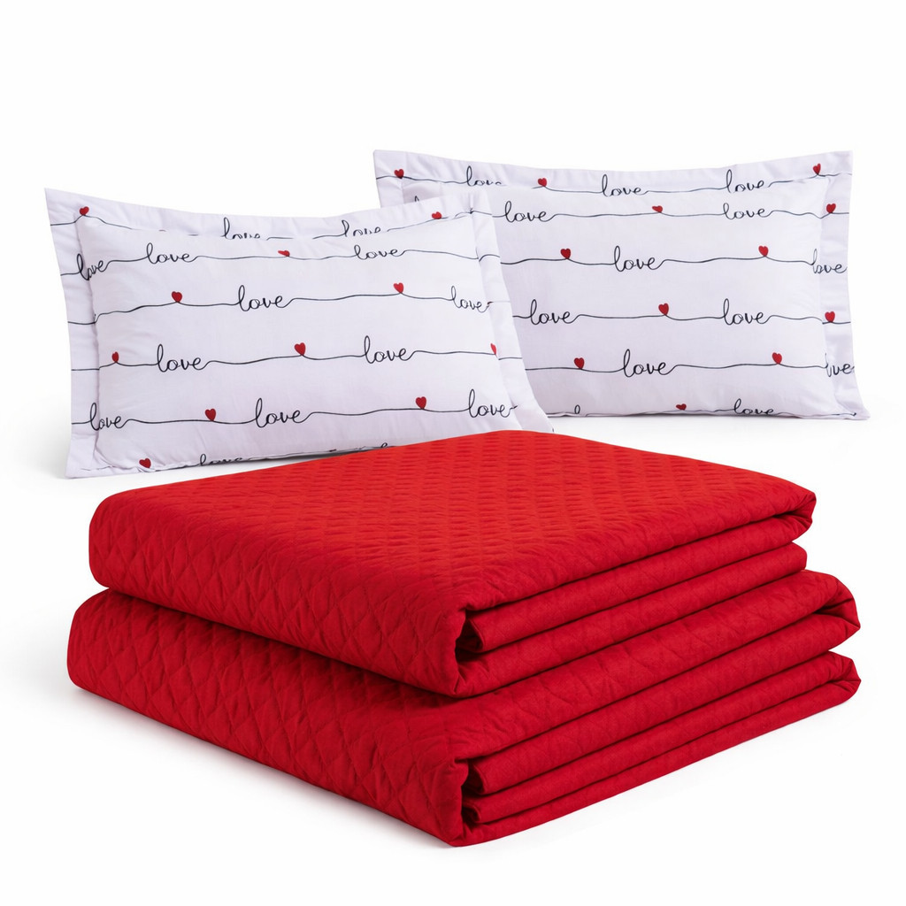 Kit Colcha Cocha Cobre Leito Jogo Roupa Cama Casal 5 Pç Matelado Fronha Travesseiro Coração Love