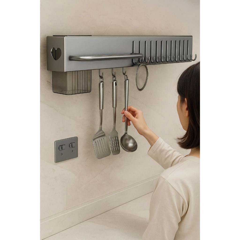 Suporte organizador utensílios cozinha 10 ganchos pendurar acessórios prático Achadinho